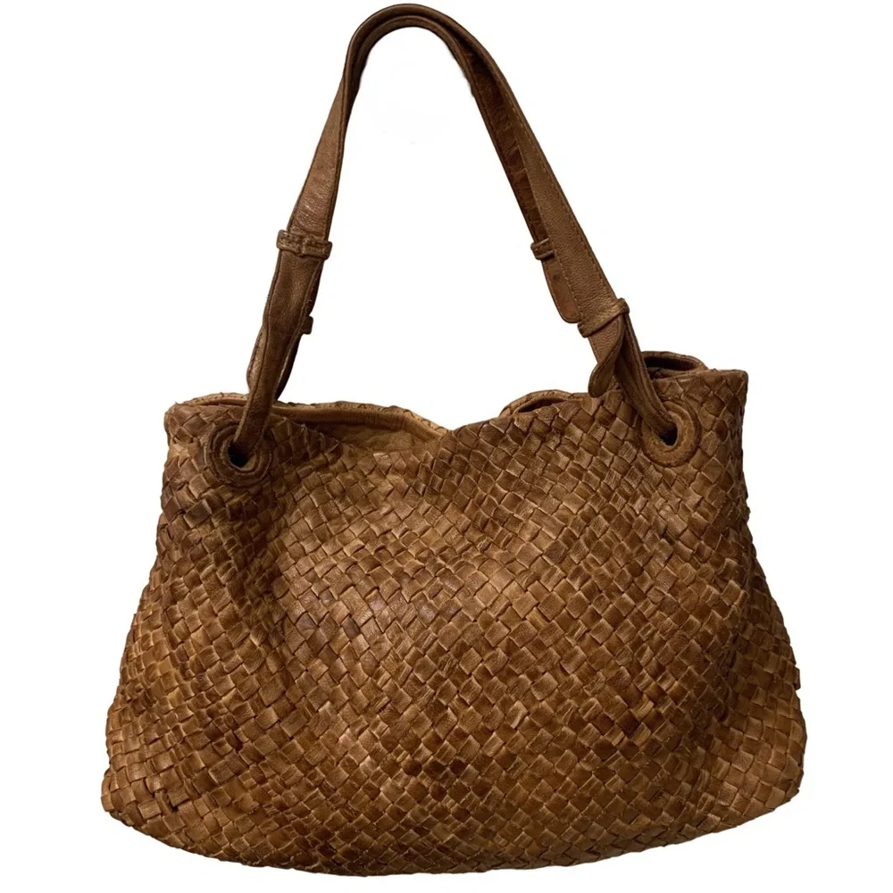 Tano Purse Woven Leather Brown Tote Handbag Large Shoulder Bag - Picture 6 of 10